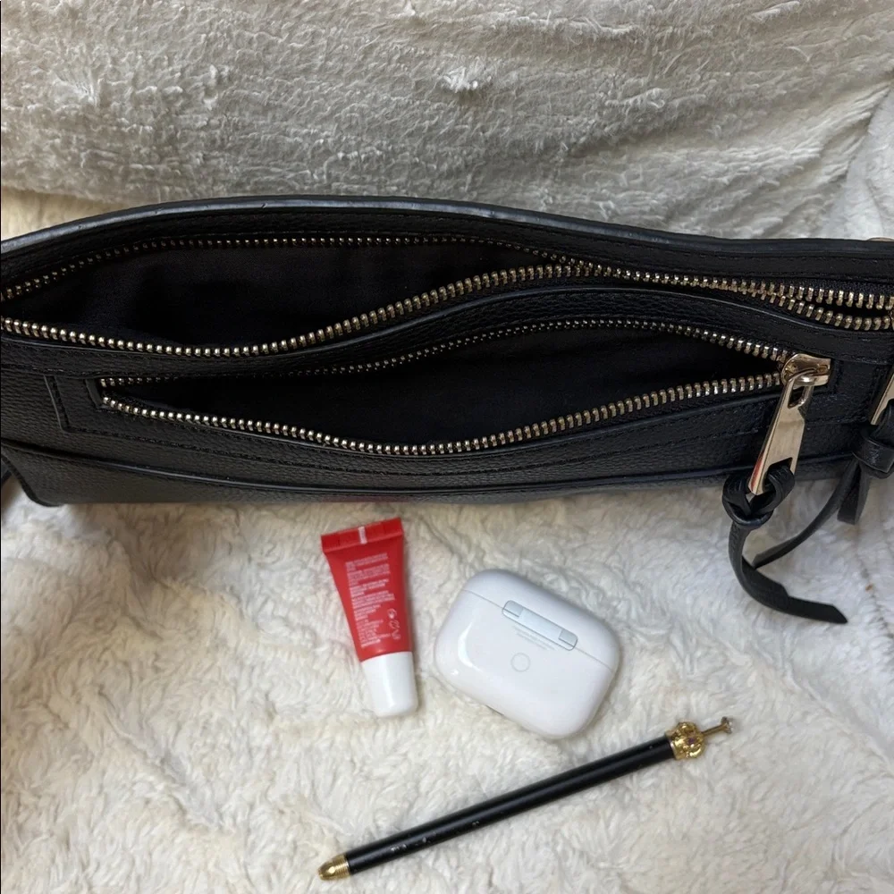 Black Faux Leather Crossbody Bag with Gold Accents and Zippers - Picture 5 of 7